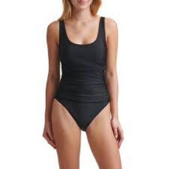 DKNY Mesh Side Shirred One Piece Swimsuit, Black Workout bathing suit - Picture 12 of 12